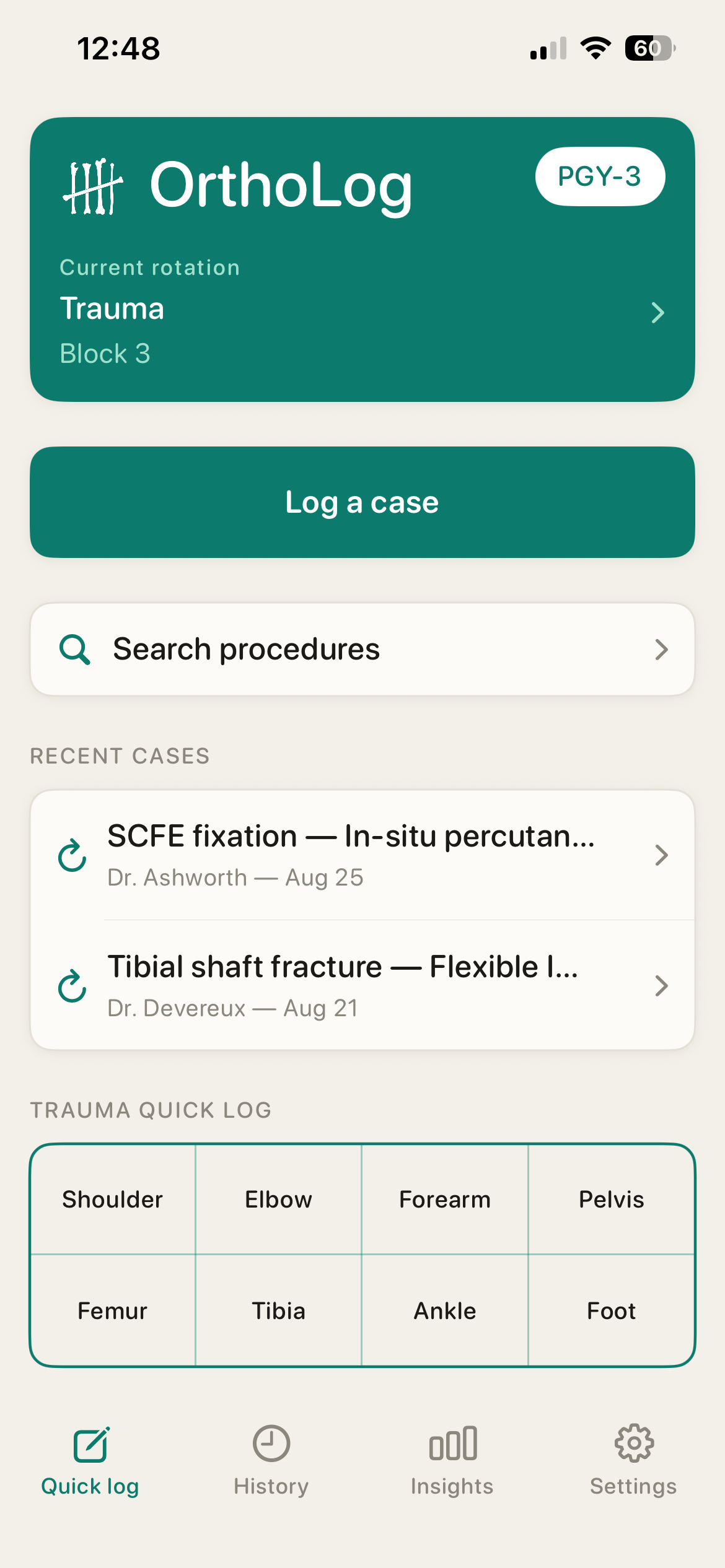 OrthoLog home screen showing quick case logging
