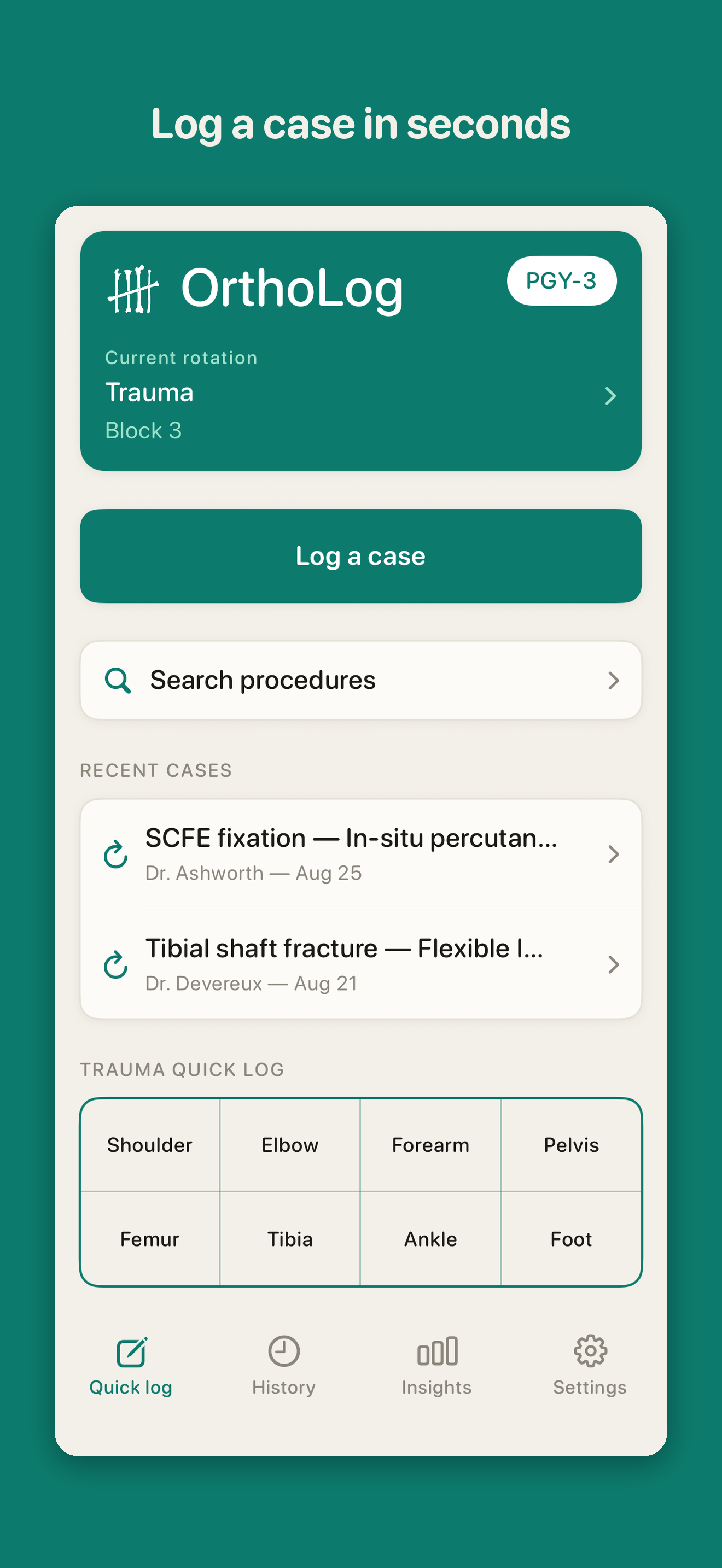 OrthoLog home screen showing quick case logging